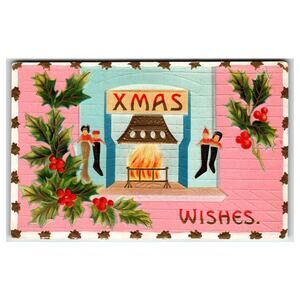 Vintage Embossed Christmas Embossed Fireplace Stockings Holly Postcard